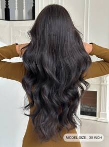 NICKY WALL 优雅女士长款自然黑色假发，带刘海，30 英寸波浪卷发合成假发，自然蓬松，耐热纤维发，全编织假发，适合日常派对使用 - 黑棕色 - 查看 4