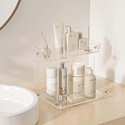 2-Layer Transparent Acrylic Bathroom Countertop Storage Box. Acrylic Corner Makeup Organizer Box Suitable For Perfume Rack, Vanity Tray, Spice Rack, Skin Care, Coffee Bar, Room Decor