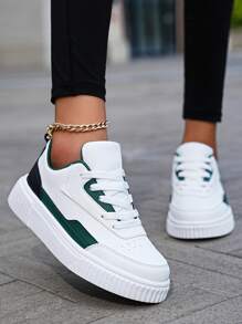 Women Casual Lightweight Breathable Anti-Slip Wear-Resistant Low-Top Contrast Color Sports/Sneaker Shoes, Spring Daily Versatile - White Green - View 4