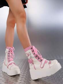 Goth Punk Women's Chain Platform Boots Platform Wedge Ankle Boots Goth Patent Lace Up Boot Chain Strappy Booties Lace Up&Zipper Combat Boots - Hồng - Xem 6