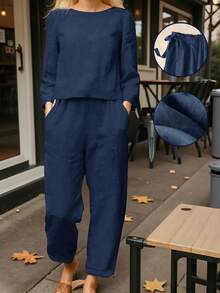 Damer höst Ny populär enfärgad rundhalsad långärmad skjorta och elastiska byxor Casual Löspendling Linne i två delar - Marinblå - Visa 4