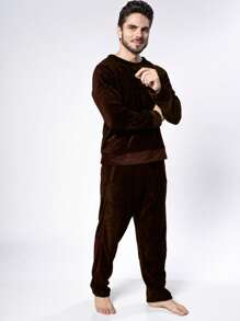 Men's Ultrasoft Long Fleece Pajamas For Cold Winter - Rust Brown - View 3