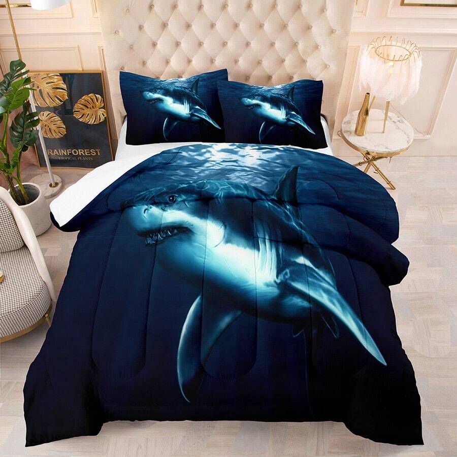 NINENINE Boys Blue Shark Bedding Sets Twin Size For Teens Kids,Boys Navy Blue Comforter Fish Ocean Bed Set-Includes 1 Comforter And 1 Pillowcase - Màu xanh lam - Xem 1