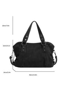 Vintage Minimalist Large Capacity Fashionable Student/Work Commute Tote Bag, Rivet Motorcycle Style Suede-Like Fabric, Handbag & Shoulder Bag For Women Daily Use