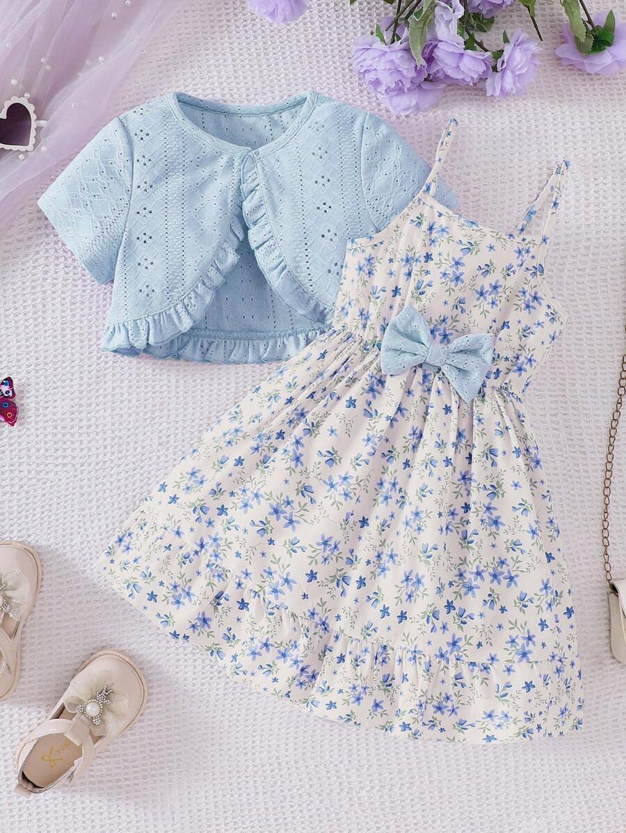 年轻女孩春夏针织镂空短款上衣和花卉印花无袖连衣裙两件套休闲套装