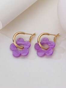 1 Pair Fashion Cute Purple Acrylic Five-Leaf Clover Dangle Earrings, Suitable For Women, Date, Party Gift - Purple - View 3