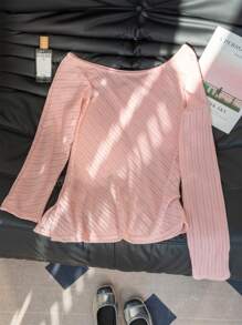 Blusa de punto ajustada con cuello asimétrico, lazo y abertura lateral, para primavera/verano con rayas