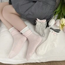 3 Pairs Girls Thin Socks, Korean Style Double-Layered Cuff Mid-Calf Socks, Spring & Summer - Baby Pink - View 6