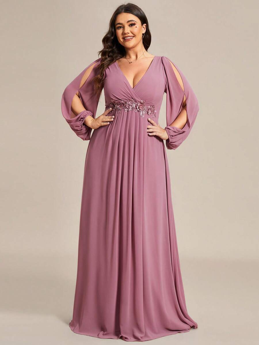 大码女式优雅刺绣伴娘礼服长袖连衣裙 - 藕粉色 - 查看 1