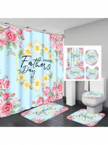 1pc/4pcs Father's Day Printed Multifunctional Decorative Bathroom Waterproof Shower Curtain With 12 Hooks, Bathroom Non-Slip Mat, U-Shaped Floor Mat And Round Toilet Seat Cover, Bathroom Set For All Scenarios Back To School