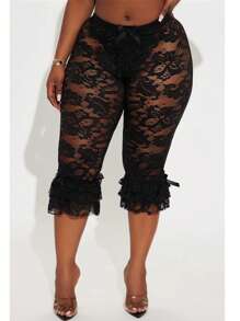 Women Cropped Lace Capri Pants Sexy See Through Lace Floral Leggings Shorts Slim Fit Bowtie Side Pedal Pushers Coquette Tight Bottoms - 黑色 - 查看 2