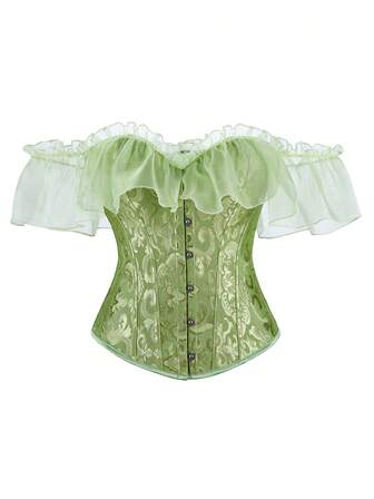 露肩提花腰部紧身胸衣蕾丝肩带女式正式上衣，无肩带宴会腰部束腰