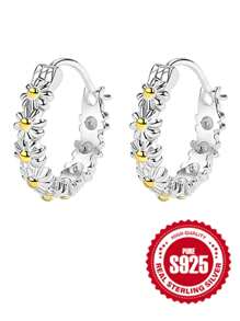 1 Pair 925 Sterling Silver Cute Daisy Hoop Earrings, Suitable For Girls, Ladies, Daily Wear, Birthday, Christmas Gift - Silver - View 1