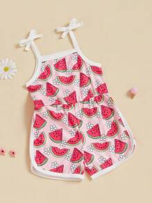 Toddler Baby Girl Summer Clothes Floral Romper Tie-Up Strap Halter Jumpsuit Infant Summer Sling Playsuit 6M-3T - 西瓜粉 - 查看 2
