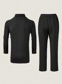 2pcs/Set Men's Black Dashiki, Unique Patchwork Design, Button, Long Sleeve, Lapel, Elastic Waist Pants, African Clothing, Men's Casual Shirt & Pants Set, New Collection For All Seasons, Street Style, Party, Date, Wedding, Cultural Events, Traditional Ceremonies - View 4