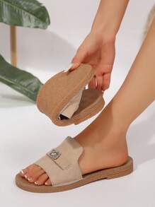 Women's Rhinestone Decorated Open Toe Flat Sandals, Suede Matte Finish Fisherman Style Strap Khaki Beach Shoes, New Summer Casual Slip-On Flat Slippers - Khaki - View 3