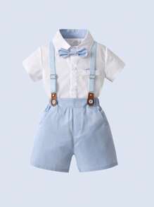 BOARNSEORL Young Boys Gentleman Short Sleeve Set With Collar Shirt, Bowknot And Overalls Shorts, Casual & Comfortable, Stylish For Outing, School, Ceremony, Party, Performance