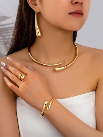 5 件装袖口颈链项链粗环袖口手镯水滴耳环首饰套装，基本设计简约百搭金色珠宝礼物，适合女士