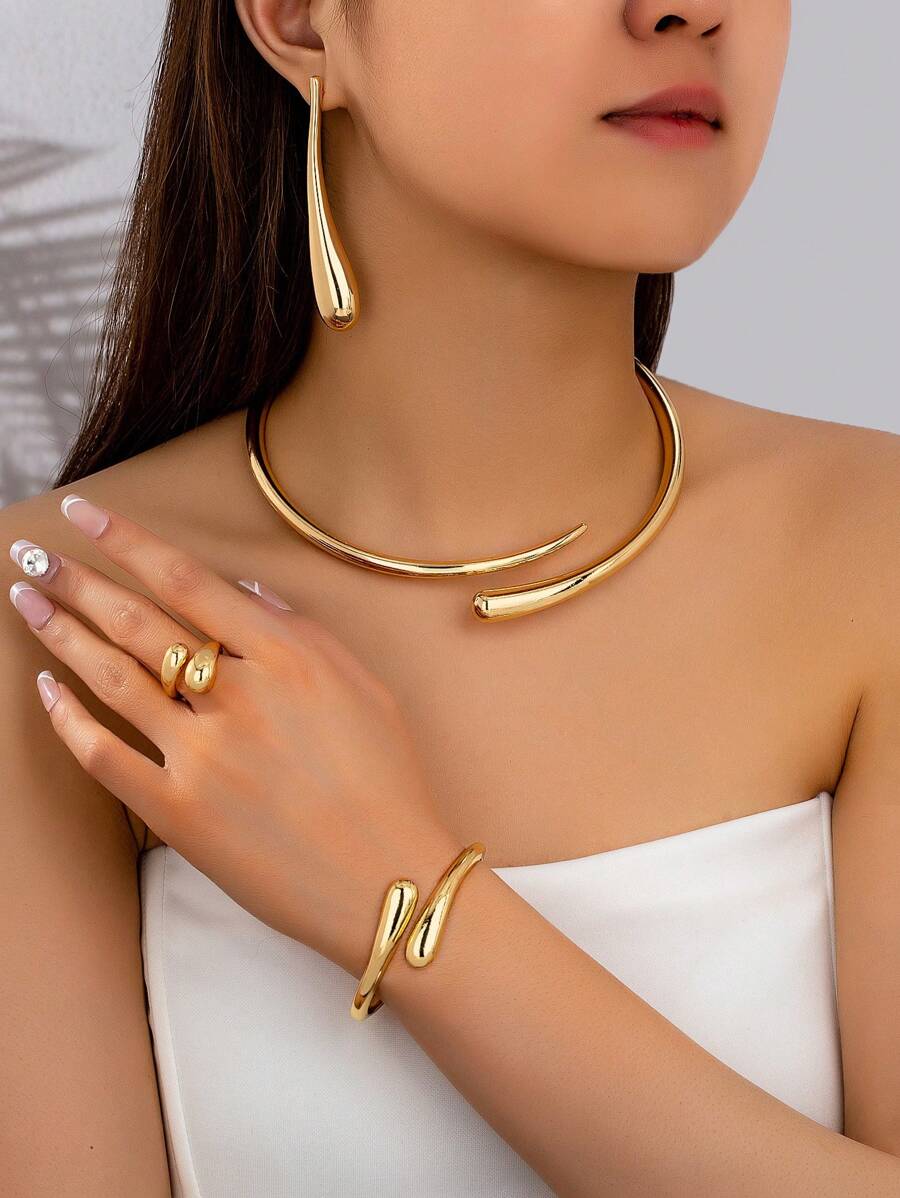 5pcs Jewelry Set: Bracelet, Necklace, Chunky Ring, Bracelet, Teardrop Earrings, Minimalist Gold-Tone All-Match Style, Great Gift For Women - Gold - View 1