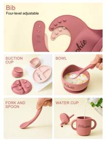 1pc/2PCS/8PCS Children Custom Silicone Tableware Set Personalized Customization Name And Pattern Kids Dinner Set Portable Utensils Adjustable Bib Sucker Bowl Plate Sippy Cup Print On Demand Toddler Meal Tray,Halloween Edit,Back To School Fashion,Christmas Gift