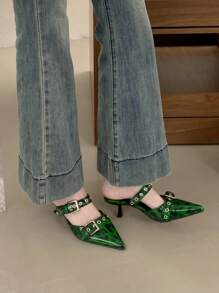 Double Buckle Pointed Toe Leopard Print High Heel Mule Backless Slippers For Women