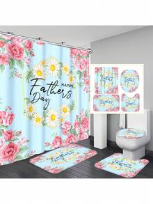 1pc/4pcs Father's Day Printed Multifunctional Decorative Bathroom Waterproof Shower Curtain With 12 Hooks, Bathroom Non-Slip Mat, U-Shaped Floor Mat And Round Toilet Seat Cover, Bathroom Set For All Scenarios Back To School