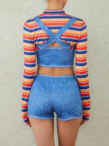Women Halloween Costumes Evil Doll Camisole Striped Shrug Elastic Shorts For Cosplay Masquerade Party Outfits - 藍色 - 查看 9