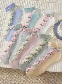 4/7双女士休闲碎花玻璃丝踝袜隐形袜，适合日常生活，随机发货 - 彩色 - 查看 9