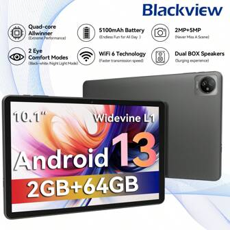  Tableta de 10 pulgadas Blackview con Android 13, procesador de cuatro núcleos, 2GB de RAM, 64GB de ROM, batería de 5100mAh, ranura para tarjeta microSD de hasta 2TB, pantalla IPS HD, WiFi 6, Bluetooth 5.2, para Estados Unidos. ¡Impulso tecnológico de verano!