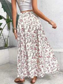 Floral Print Elastic Waist Skirt, Casual A-Line Skirt For Spring & Summer, Women Clothing