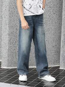 Pantalones vaqueros azules de moda casual y cómodos para adolescentes, adecuados para uso diario y vuelta al colegio, lavado vintage de alta calle con efecto desgastado | Pierna recta ajustada | Pantalones vaqueros con caída