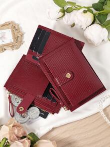 Burgundy Bag Charry Red Bag Wine Red Bag,Fashionable Burgundy Purse With Embossed Tactile Feel And Snap Closure - High-Quality Leather Women's Wallet With Multiple Card Slots, Zippered Coin Pocket, And Durable Scratch-Resistant Hardware - Burgundy - View 3