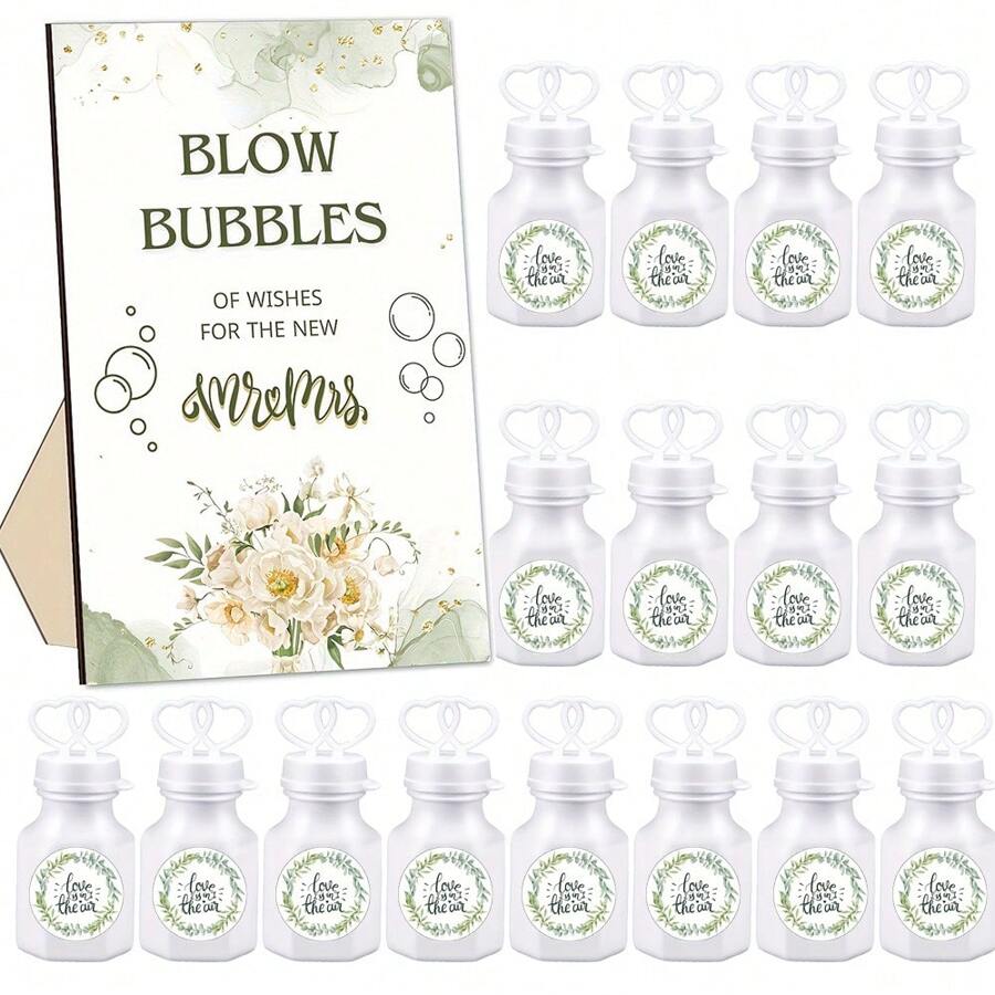 1 Set Wedding Bubble Bottle Party Favor Packs, Includes Wooden Blow Bubble Sign 50 Mini Bottles And 50 Stickers, Liquid Free For Weddings Babyshowers Birthdays Graduation And Valentine's Day Gifts - 1 Set - 查看 1