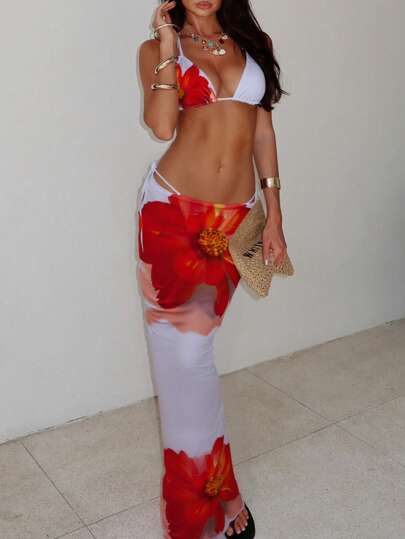 3pcs/Set Summer Floral Print Camisole, Spaghetti Strap Bikini Swimwear Set & Skirt For Women