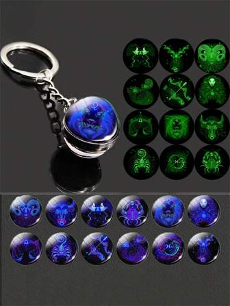 12星座圆形珠子玻璃梦幻星空蓝色夜光护身符钥匙扣，适合日常佩戴和生日礼物，可作汽车配饰、包包挂饰、校园可爱哥特风Y2K包挂绳（带证件夹），也可作圣诞汽车配饰、教师朋友姐妹礼物。
