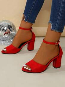 大码女式粗跟露趾凉鞋，新款优雅休闲一脚蹬高跟鞋，时尚假日凉鞋 - 紅色 - 查看 3