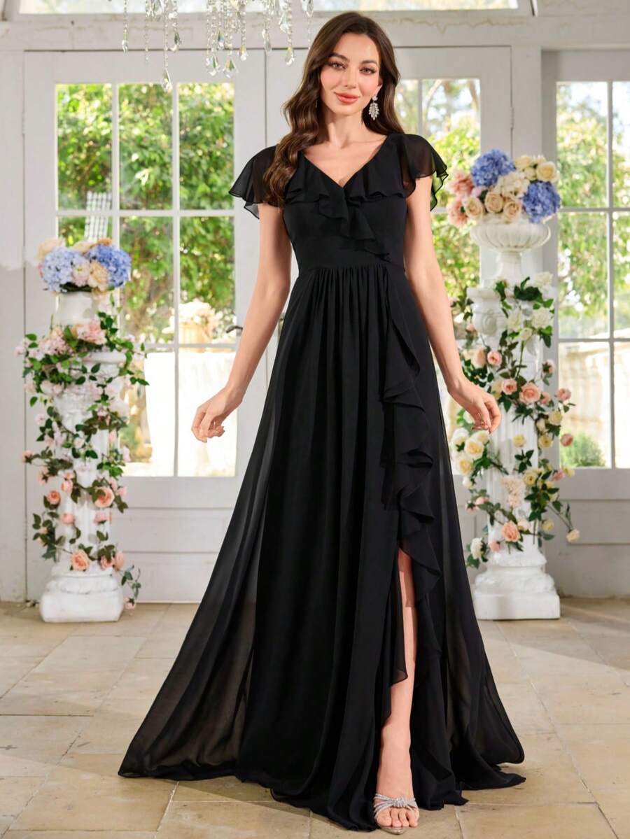 雪纺简约性感深 V 领褶饰紧身派对婚纱、伴娘礼服