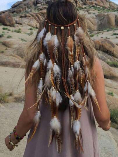 羽毛头饰 波西米亚嬉皮风发带 羽毛头饰 可调节发带 羽毛头饰，适合女性和女孩 女士头巾 冬季发饰 保暖头巾