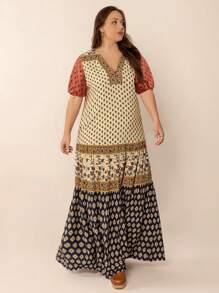 2025 Spring And Summer Multicolor Casual Elegant Floral Print V-Neck Short Sleeve Loose Plus Size Dress Beach Vacation Music Festival - Orange - View 3