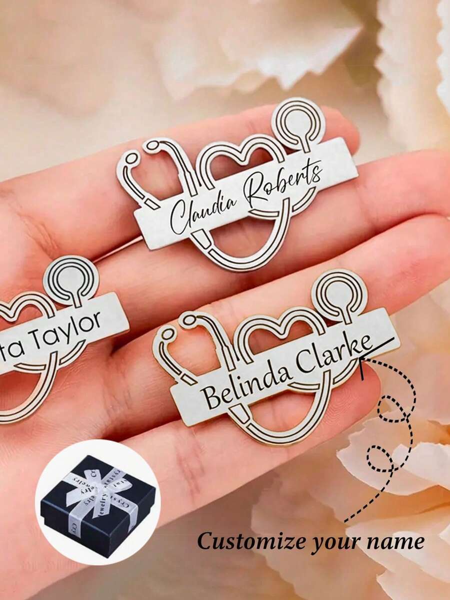 1pc Dancing Bear Customized Engraved Doctor Nurse Name Badge Brooch, Minimalist Stainless Steel Stethoscope Heart Design, Inlaid, Suitable For Daily Wear And Gifting, Applicable For International Nurses Day For Kids - Silver - View 1