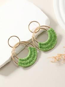1 Pair Bohemian Style Resort Rattan Round Earrings In Ivory White, Fuchsia, And Orange, Hand-Woven, Fashionable For Women, Suitable For Daily Wear