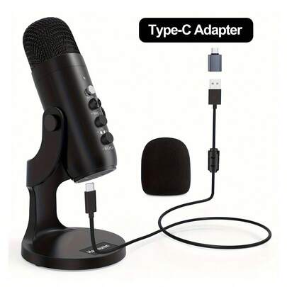  Microphone USB Haomuren avec adaptateur Type-C pour PC, ordinateur portable, téléphone, microphone à condensateur avec annulation du bruit, effet écho, sourdine tactile, surveillance, gain pour podcast, jeux, podcasting, ASMR