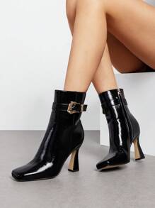 Women's Square Toe Ankle Boots Flared Heel Booties Featuring A Glossy Upper Adorned With A Stylish Buckle Strap For Parties, Dates, And Shopping
