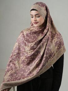 1 件装 女士 Abaya 配饰 时尚印花提花头巾 Pashmina 披肩围巾面纱，带印花图案，适合日常使用 - 嫩粉紫色 - 查看 4