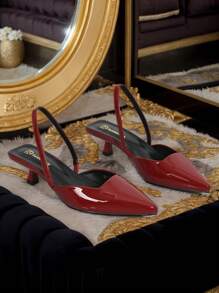 女士露跟高跟鞋低跟尖头正装鞋小猫高跟鞋优雅高跟宽时尚休闲鞋 - 酒紅色 - 查看 5