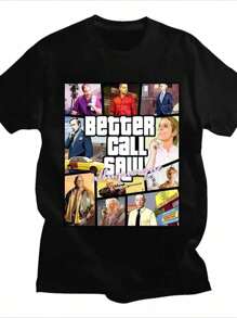 Camiseta estampada diseñada con collage de escenas y personajes de "Better Call Saul" Camiseta casual de verano de manga corta 220g de algodón pesado - Negro - Ver 1