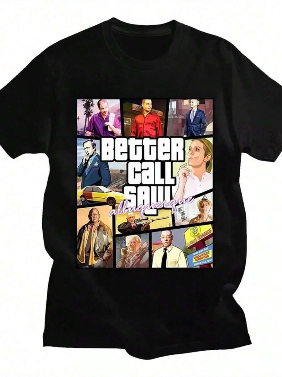 Camiseta estampada diseñada con collage de escenas y personajes de "Better Call Saul" Camiseta casual de verano de manga corta 220g de algodón pesado - Negro - Ver 1