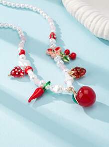 1pc Summer Cherry Charm Necklace, Boho Faux Pearl Beaded Necklace With Chili, Watermelon, Strawberry Charms, Handmade Jewelry For Women (Color And Shape May Vary)