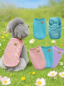 Hundeoberbekleidung geeignet für Frühling und Sommer Outdoor-Reisen. Tragen Sie eine weiche, bequeme, atmungsaktive Hundeweste. Atmungsaktives Haustierhemd mit niedlichem Bärchen-Aufnäher, einfarbige modische Weste für Welpen und Katzen Sommer-Bekleidung - Verschiedenfarbig - Übersicht 1