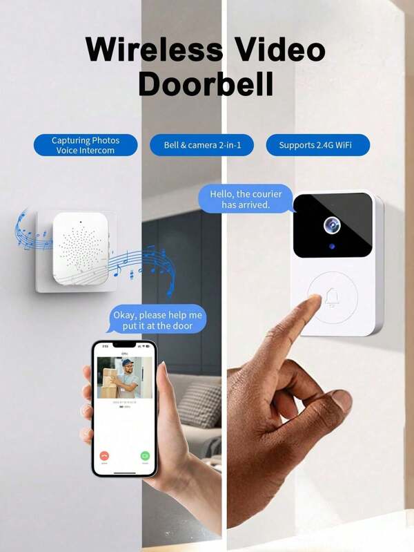 Timbre inteligente con cámara visual inalámbrica, timbre HD inalámbrico, cámara de  WiFi de 2.4G para la  del hogar, audio bidireccional, visión nocturna, almacenamiento en la nube, alertas de movimiento - Sistema de monitoreo de hogar